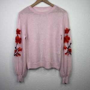 Saccharine Sweater M Pink Floral Applique Balloon Sleeve Romantic Cottagecore